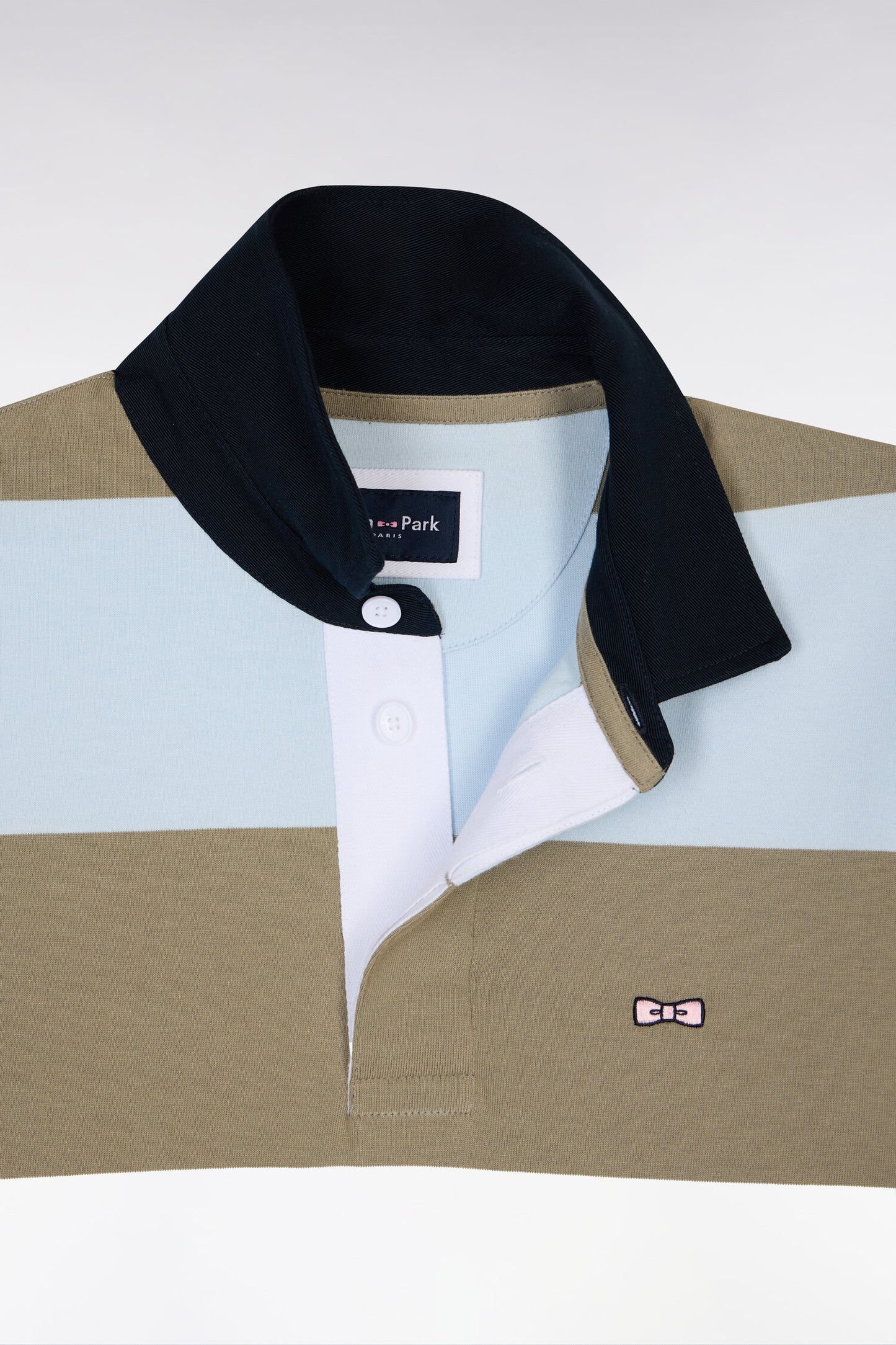 Long-sleeved cotton jersey with sky and khaki rugby stripes