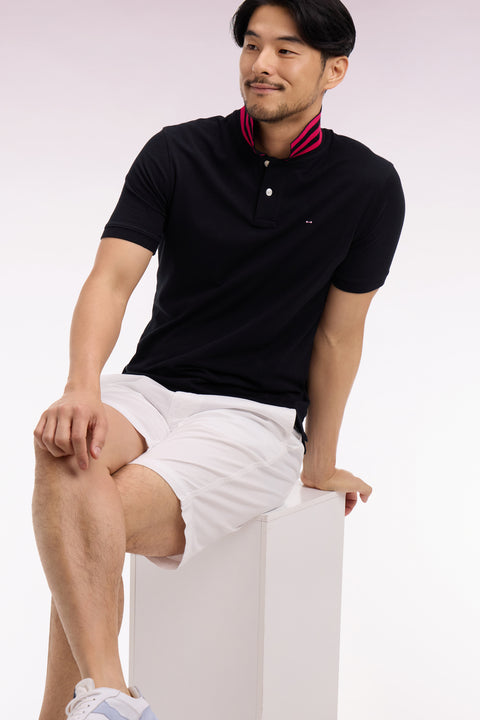 Polo manches courtes en piqué coton noir dessous de col rayé coupe slim - Image 1