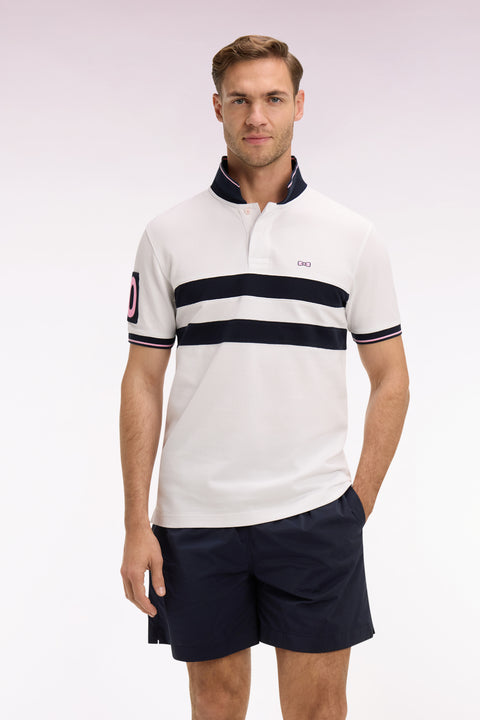 Polo à manches courtes en piqué coton blanc à rayures coupé cousu - Image 3