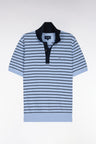 Pull manches courtes à col polo en coton ciel rayé