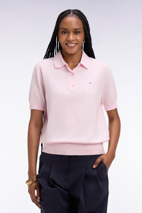 Pull polo à manches courtes en coton et soie mélangés rose coupe regular - Image 3