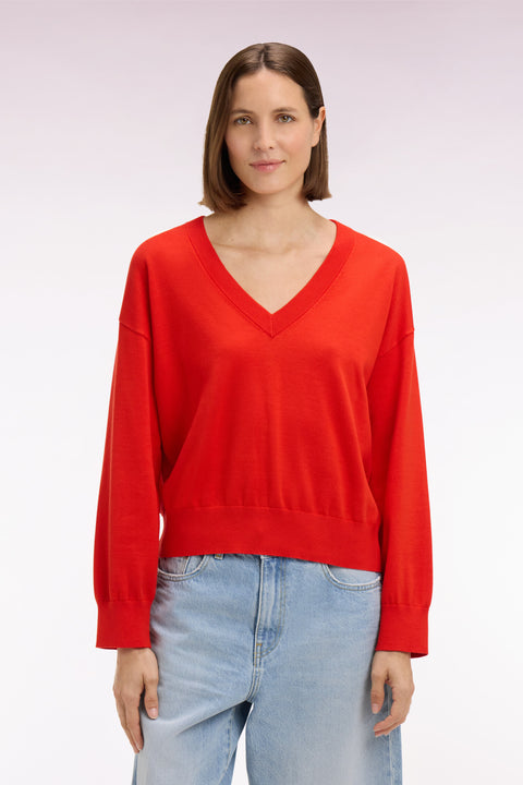 Pull-over à col V en coton rouge coupe oversized - Image 3