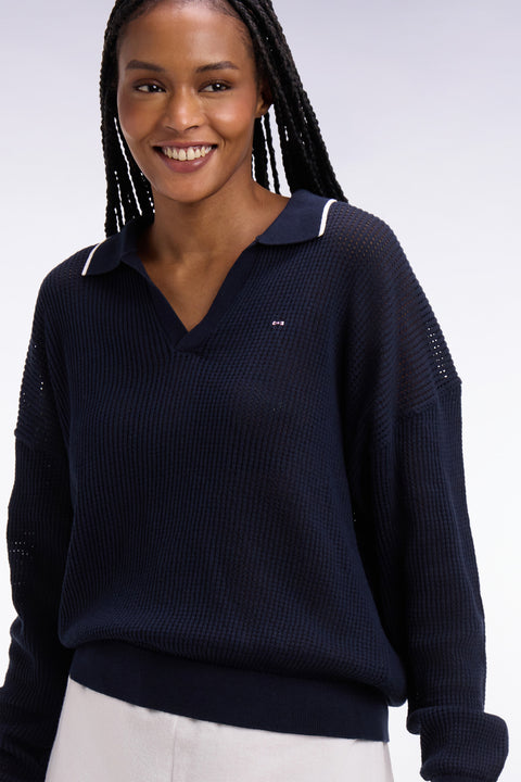 Pull col polo en coton marine - Image 1