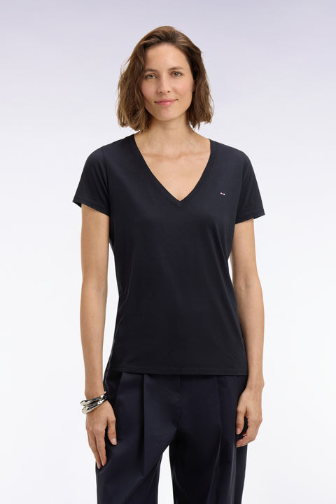 T-shirt à manches courtes col V en coton Pima marine coupe regular - Image 3