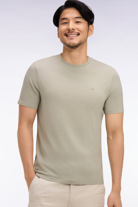 Light khaki regular-fit short-sleeved lyocell and cotton T-shirt - Image 1