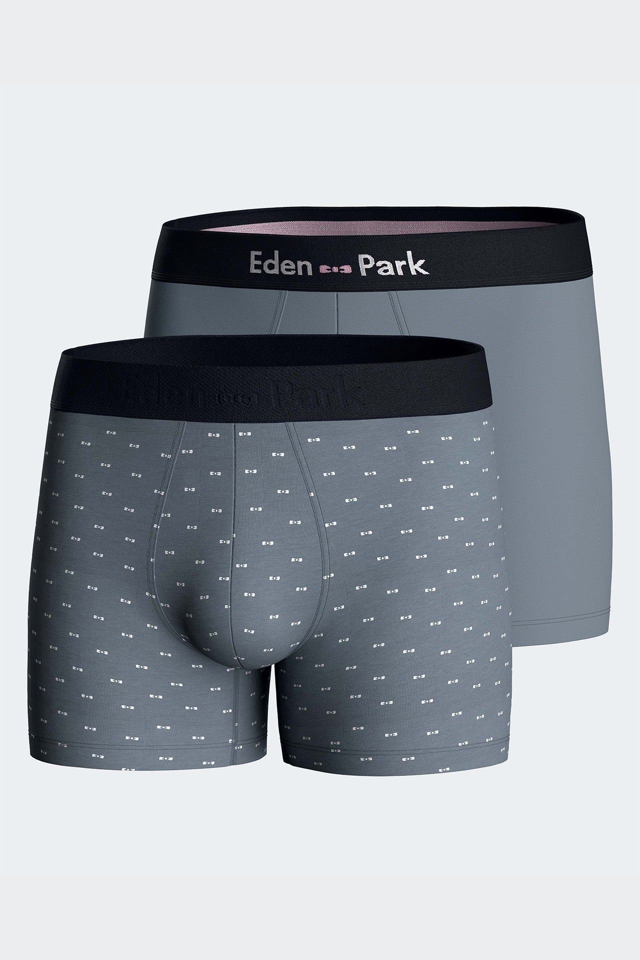 Set of two plain and printed boxer shorts in blue-grey stretch cotton jersey