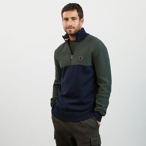 Dark green zip-neck colourblock jumper - Image 3