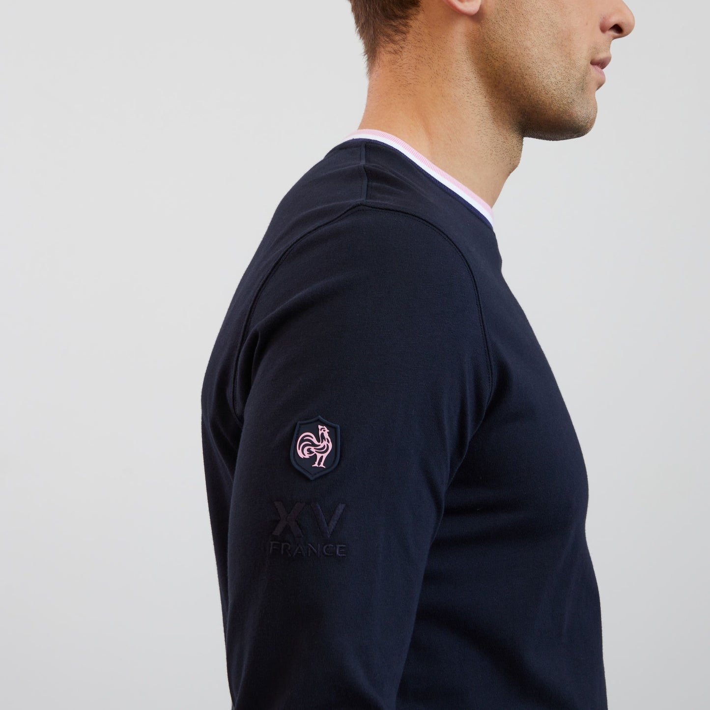 Navy blue long-sleeved T-shirt with cockerel and XV de France embroidered detail