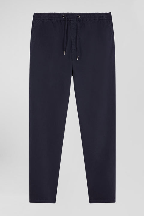 Modern navy blue stretch cotton elastic waist trousers - Image 1