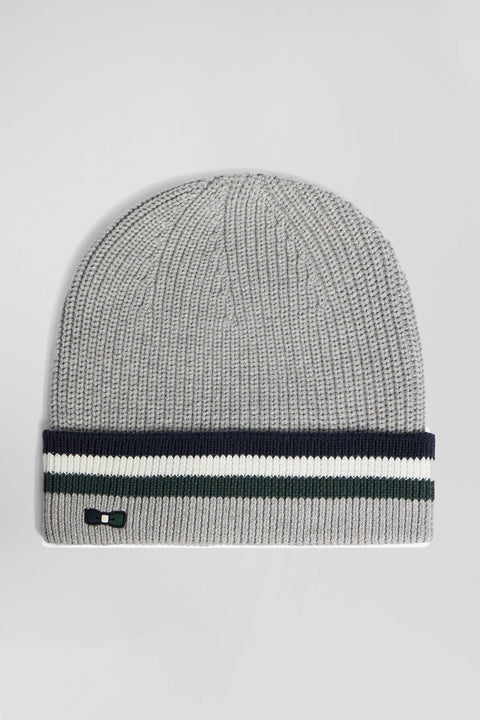 Grey cotton beanie with striped turn-up - Image 1