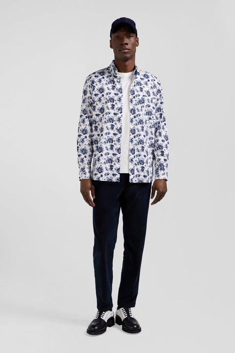 Regular white cotton twill shirt with blue floral print - Image 1