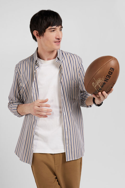 Regular greige striped cotton poplin shirt - Image 3