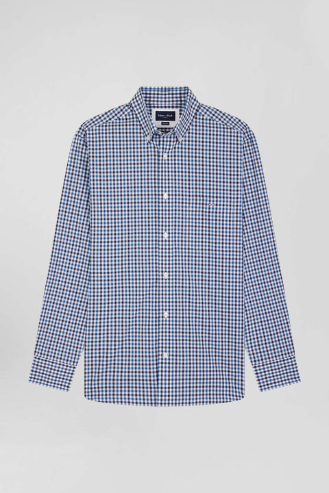 Regular navy blue and white checked cotton poplin shirt - Image 2