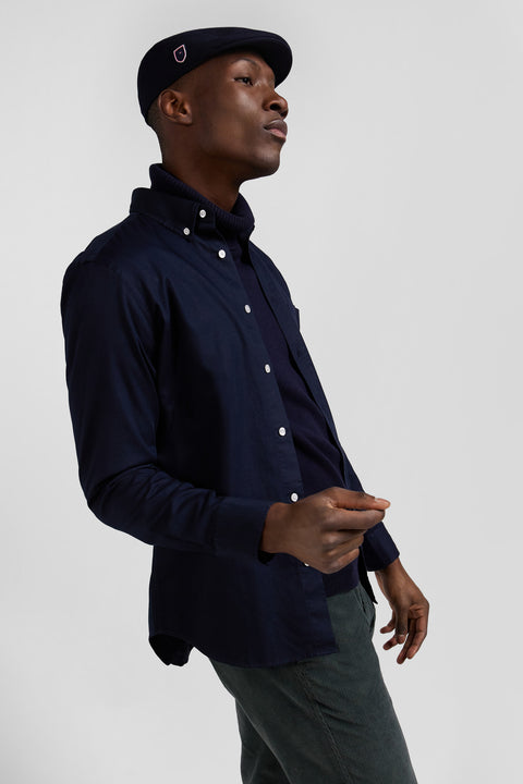 Regular plain navy blue piqué cotton shirt - Image 3