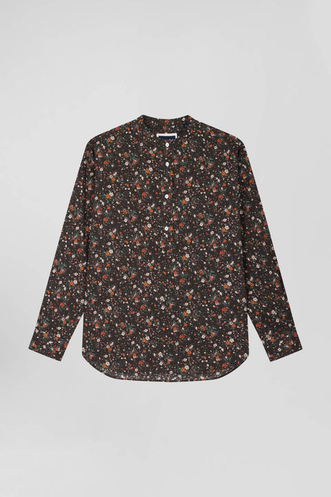 Regular collarless black floral microprinted cotton poplin shirt - Image 2