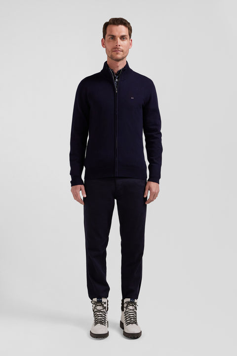 Regular navy blue plain wool and cotton zipped cardigan - Image 1