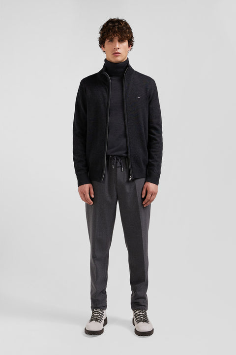 Regular anthracite grey plain wool and cotton zipped cardigan - Image 1