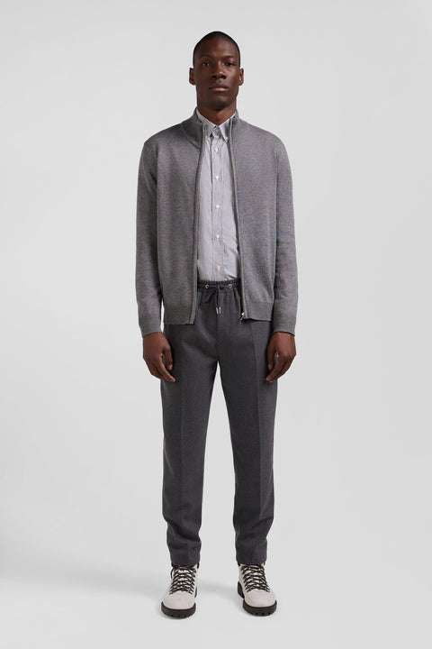 Regular grey plain wool and cotton zipped cardigan - Image 1