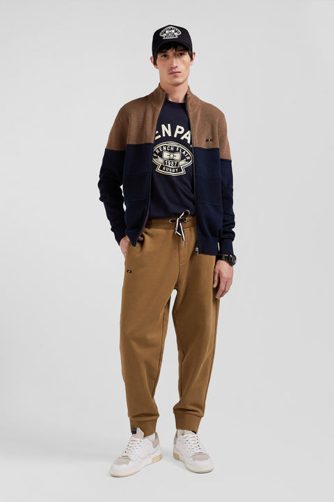 Navy and hazelnut cotton cardigan with zip and stand-up collar - Image 1