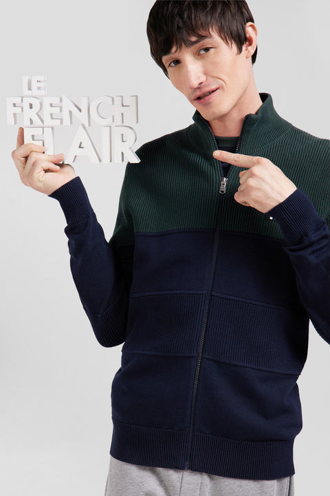 Regular navy blue and green cotton high collar zipped cardigan - Image 3