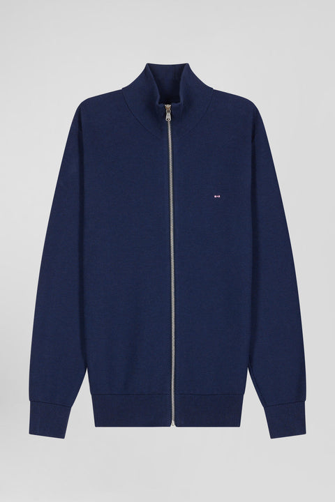 Regular plain navy blue cotton high collar zipped cardigan - Image 2