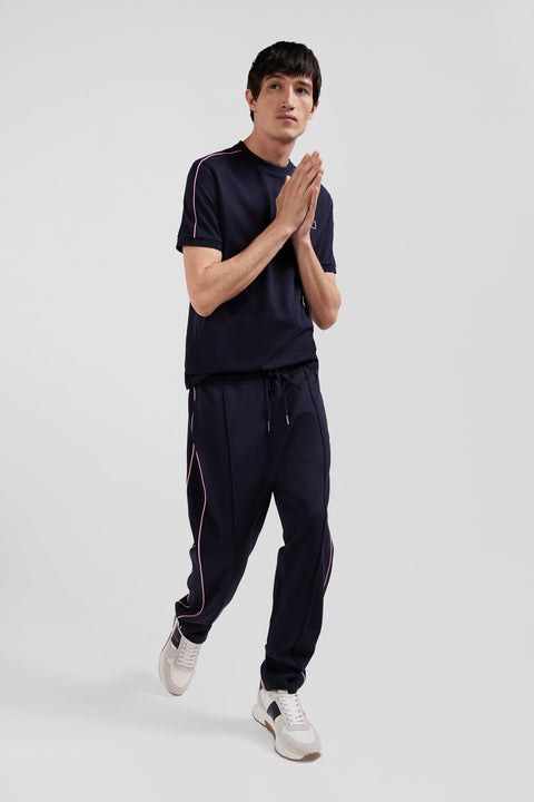 Regular navy blue mixed cotton jogging bottoms with pink piping - Image 3