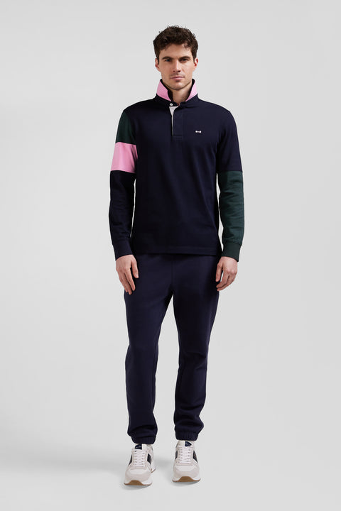 Regular green long-sleeved cotton rugby shirt with tie fabric patchwork - Image 1