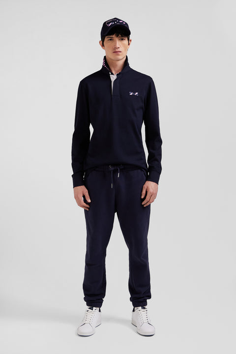 Regular navy blue striped long-sleeved cotton rugby shirt with tie fabric patchwork - Image 1