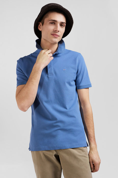 Slim blue short-sleeved stretch cotton polo shirt - Image 3