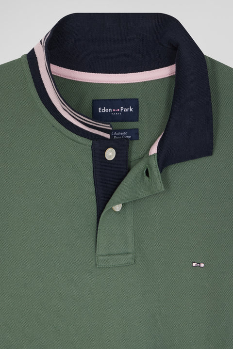 Regular green short-sleeved cotton piqué polo shirt with contrasting details - Image 3