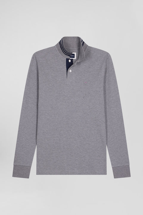 Long-sleeved grey cotton piqué polo shirt - Image 2