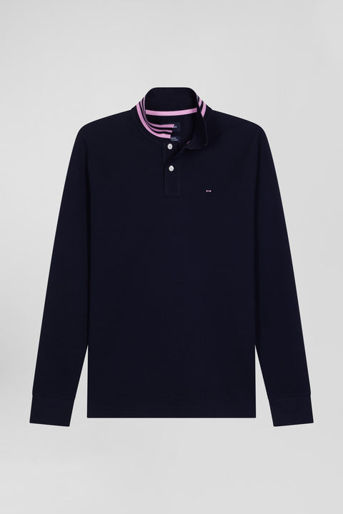 Regular navy long-sleeved cotton piqué polo shirt - Image 2