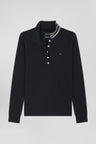 Slim black long-sleeved stretch cotton polo shirt with striped collar