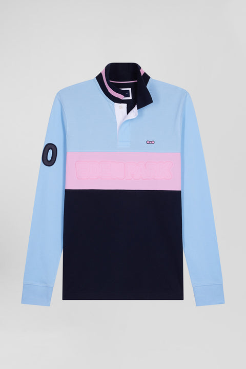 Regular sky blue long-sleeved cotton piqué polo shirt with padded embroidery - Image 2