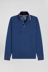 Regular dark blue long-sleeved cotton piqué polo shirt with tricolor details
