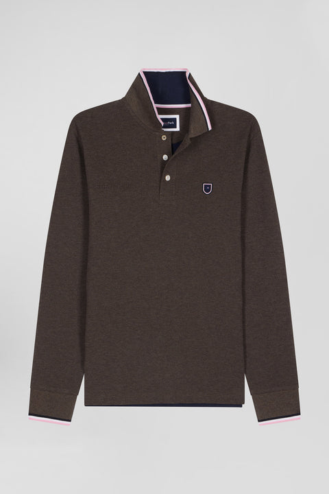 Regular brown long-sleeved cotton piqué polo shirt with tricolor details - Image 2