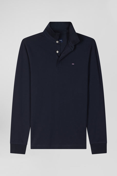 Slim navy blue long-sleeved cotton piqué polo shirt - Image 2