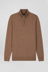 Regular brown semi-zipped wool and cotton jumper