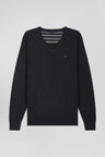 Regular anthracite grey wool and cotton V-neck jumper with striped details