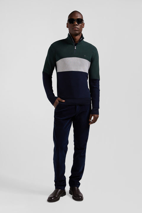 Regular green semi-zipped cotton jumper with knit patterns - Image 1