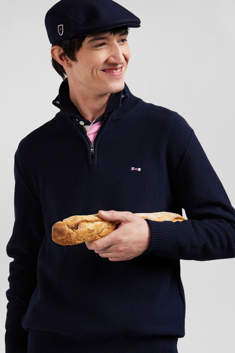 Regular navy blue semi-zipped cotton jumper - Image 3