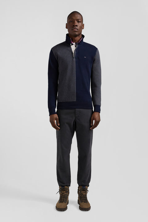 Regular navy blue cotton jumper with houndstooth jacquard and rugby shirt collar - Image 1