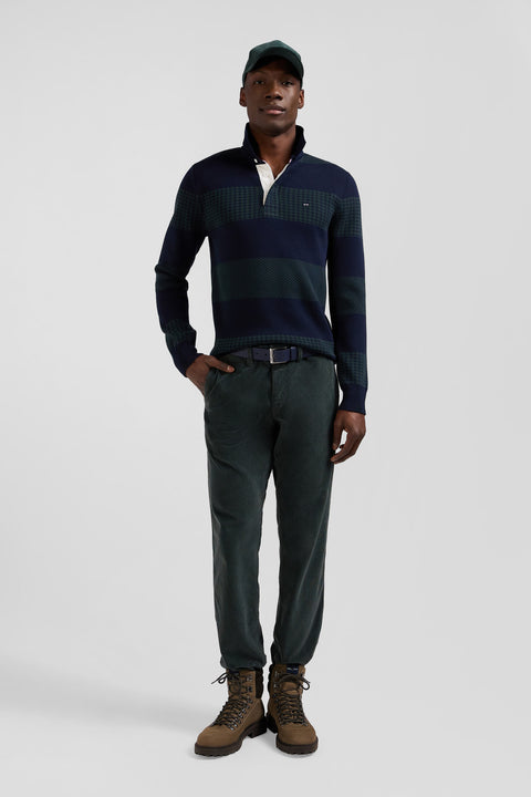 Regular green striped cotton jersey jumper with houndstooth jacquard and and rugby shirt collar - Image 1