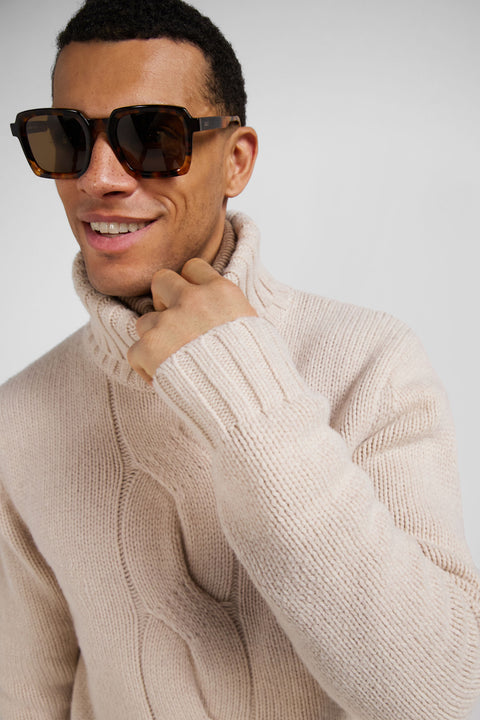 Regular ecru virgin wool and recycled polyamide turtleneck jumper with 3D knitting - Image 3