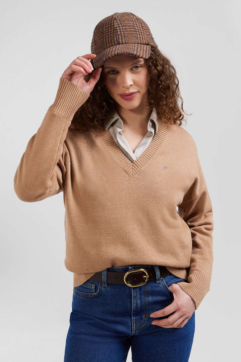 Relax camel wool and cotton V-neck jumper - Image 3