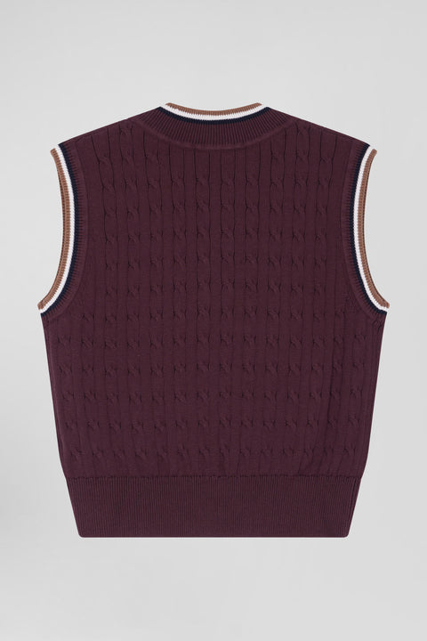 Relaxed burgundy cable-knit cotton V-neck sleeveless jumper - Image 3