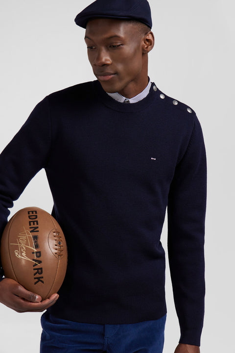Regular navy blue crew neck jumper with shoulder buttons - Image 3
