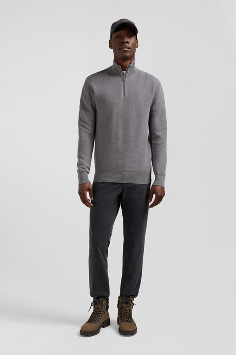 Regular grey cotton semi-zipped jumper - Image 1