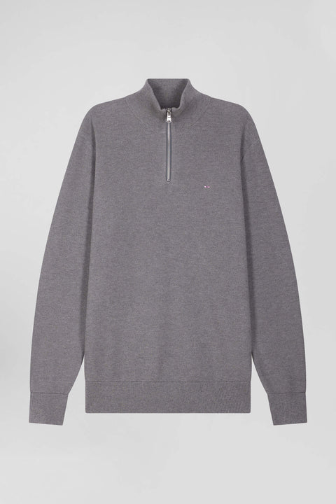 Regular grey cotton semi-zipped jumper - Image 2