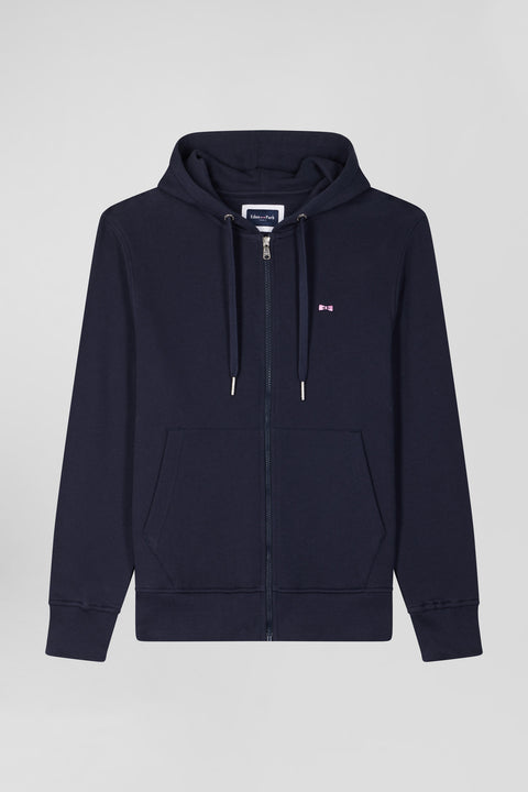 Regular navy blue zipped brushed cotton fleece hoodie - Image 2